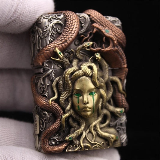 Luminous Medusa Gorgon Custom Armor Zippo Set - Glow-in-the-Dark Mythical Guardian Lighter
