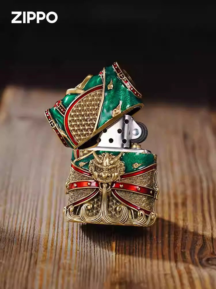 Guan Yu God of War ZIPPO Lighter Statue Qinglong Yanyue Dao Copper Glow Armor