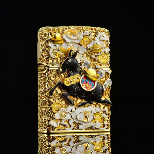 Double Armor Zippo Lighter – Lucky Horse & Fortune Coin Relief – Heavy Solid Brass Art Case