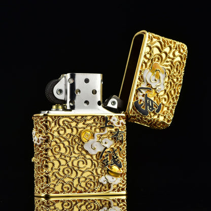 Double Armor Zippo Lighter – Lucky Horse & Fortune Coin Relief – Heavy Solid Brass Art Case