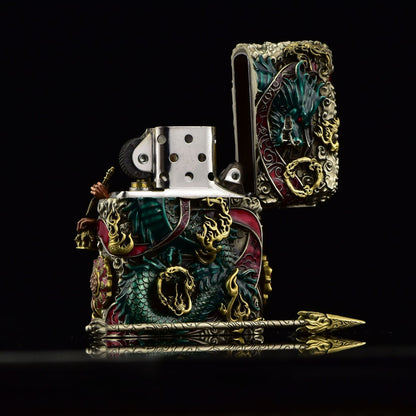 Zippo Double Armor Lighter – Luminous Dragon & Buddhist Deity Custom Brass Art Case