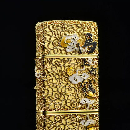 Double Armor Zippo Lighter – Lucky Horse & Fortune Coin Relief – Heavy Solid Brass Art Case