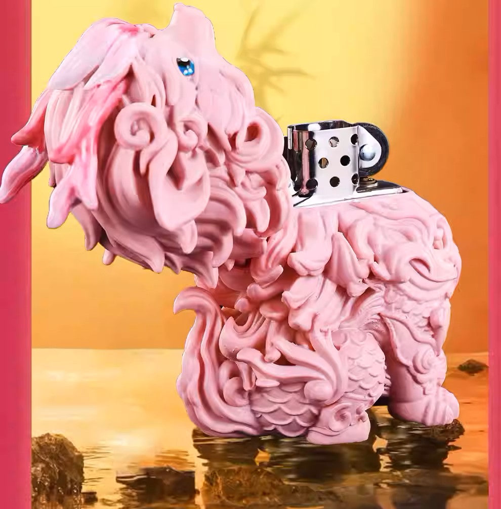 Double Armor Zippo Set - Pink Kirin Mythical Beast - Luminous Eyes Art Toy Custom Lighter