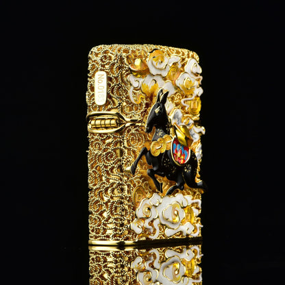 Double Armor Zippo Lighter – Lucky Horse & Fortune Coin Relief – Heavy Solid Brass Art Case