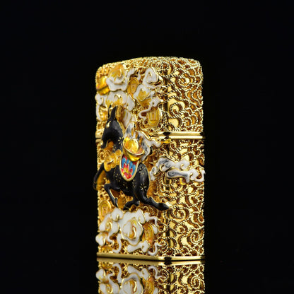 Double Armor Zippo Lighter – Lucky Horse & Fortune Coin Relief – Heavy Solid Brass Art Case