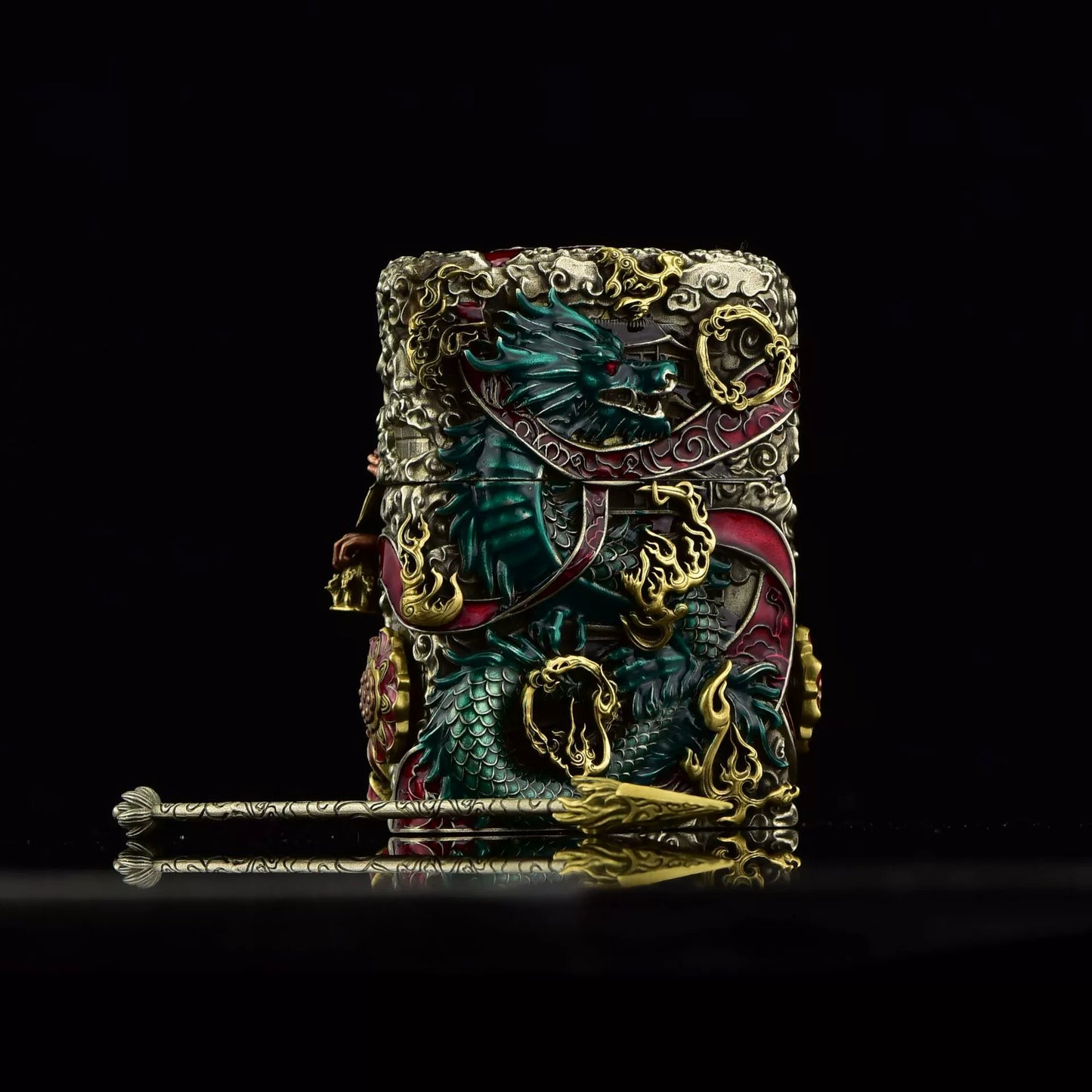 Zippo Double Armor Lighter – Luminous Dragon & Buddhist Deity Custom Brass Art Case