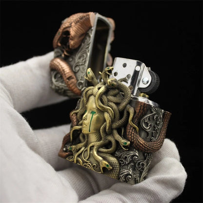 Luminous Medusa Gorgon Custom Armor Zippo Set - Glow-in-the-Dark Mythical Guardian Lighter