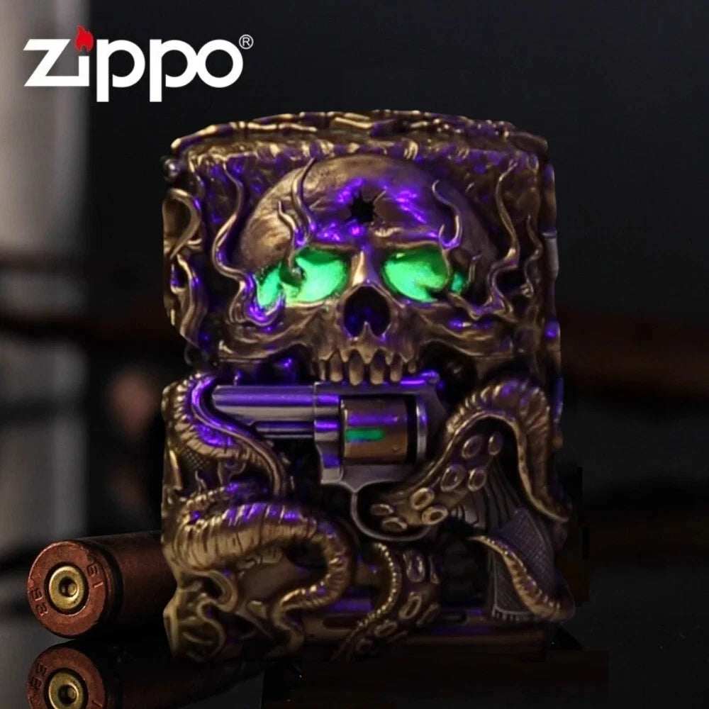 Zippo Armor Lighter with 3D Skull Revolver Luminous Custom Armor Case Set