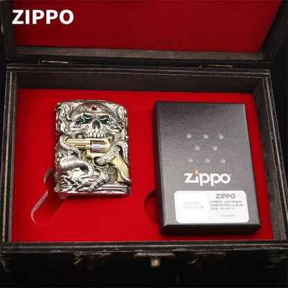 Zippo Armor Lighter with 3D Skull Revolver Luminous Custom Armor Case Set